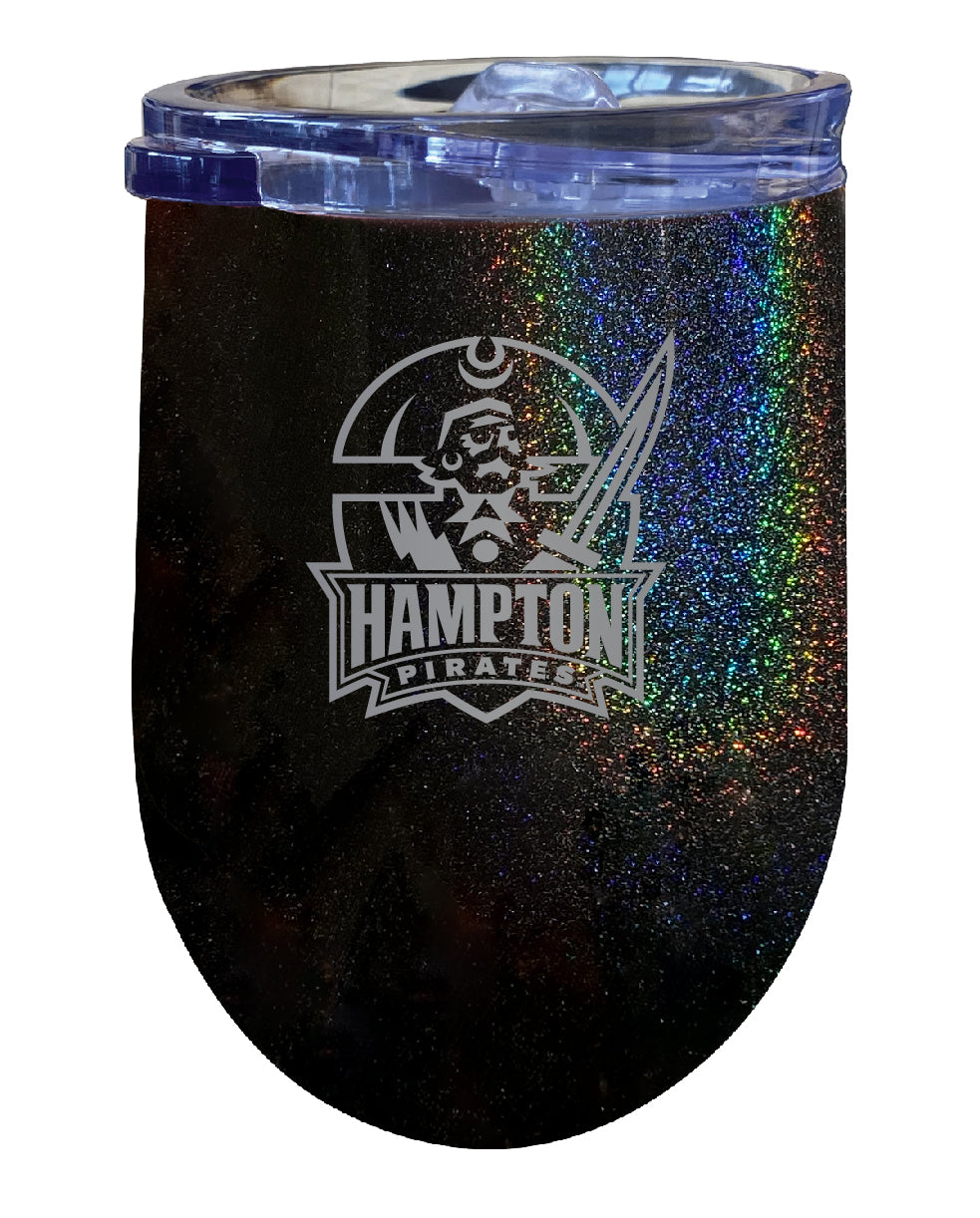 Hampton University 12 oz Laser Etched Insulated Wine Stainless Steel Tumbler Rainbow Glitter Black