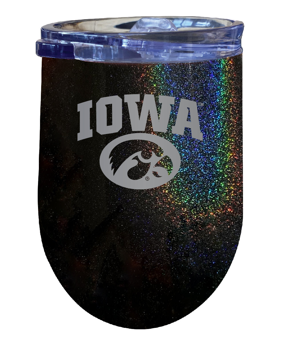 Iowa Hawkeyes 12 oz Laser Etched Insulated Wine Stainless Steel Tumbler Rainbow Glitter Black