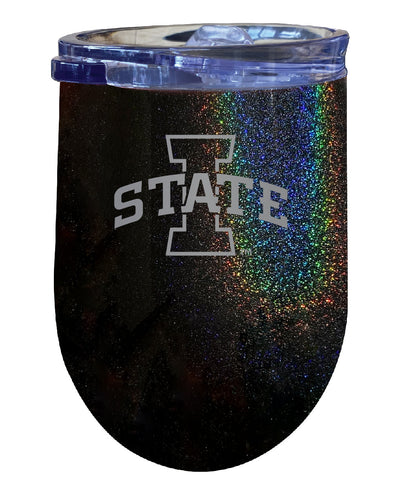 Iowa State Cyclones NCAA Laser-Etched Wine Tumbler - 12oz Rainbow Glitter Black Stainless Steel Insulated Cup