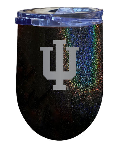 Indiana Hoosiers NCAA Laser-Etched Wine Tumbler - 12oz Rainbow Glitter Black Stainless Steel Insulated Cup