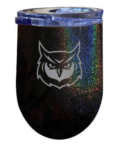 Kennesaw State University NCAA Laser-Etched Wine Tumbler - 12oz Rainbow Glitter Black Stainless Steel Insulated Cup