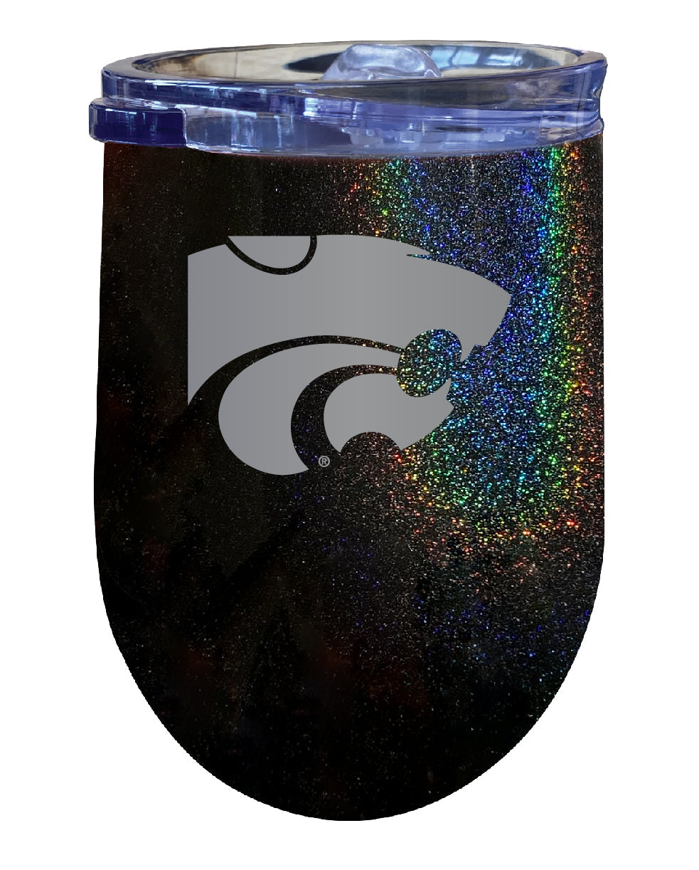 Kansas State Wildcats NCAA Laser-Etched Wine Tumbler - 12oz Rainbow Glitter Black Stainless Steel Insulated Cup