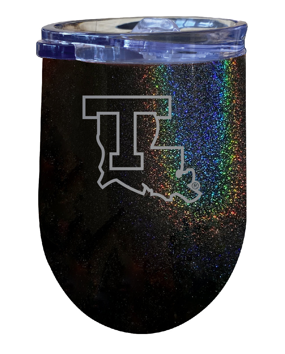 Louisiana Tech Bulldogs NCAA Laser-Etched Wine Tumbler - 12oz Rainbow Glitter Black Stainless Steel Insulated Cup