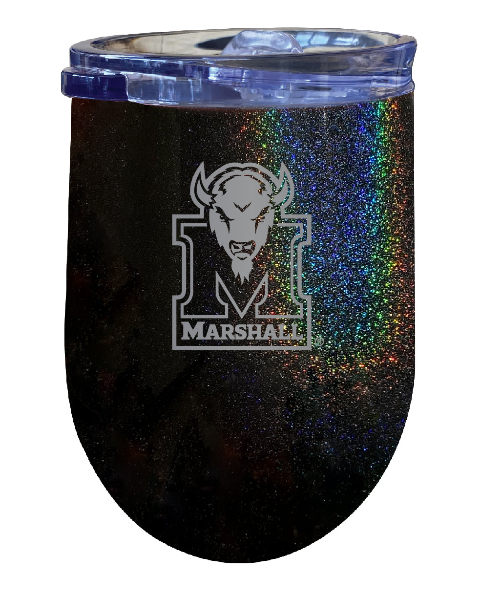 Marshall Thundering Herd 12 oz Laser Etched Insulated Wine Stainless Steel Tumbler Rainbow Glitter Black