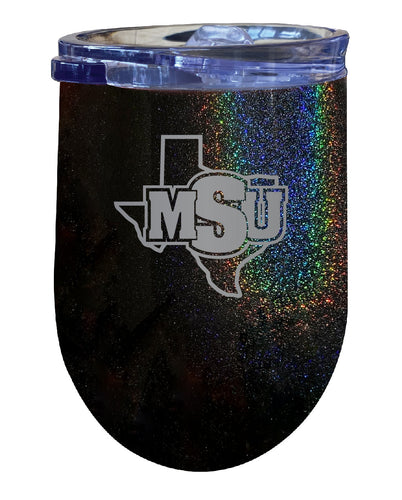 Midwestern State University Mustangs NCAA Laser-Etched Wine Tumbler - 12oz Rainbow Glitter Black Stainless Steel Insulated Cup