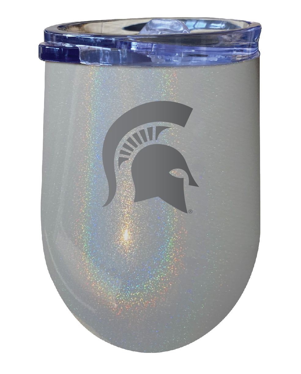 Michigan State Spartans 12 oz Laser Etched Insulated Wine Stainless Steel Tumbler Rainbow Glitter Grey