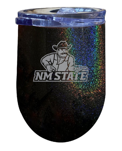 New Mexico State University Aggies NCAA Laser-Etched Wine Tumbler - 12oz Rainbow Glitter Black Stainless Steel Insulated Cup