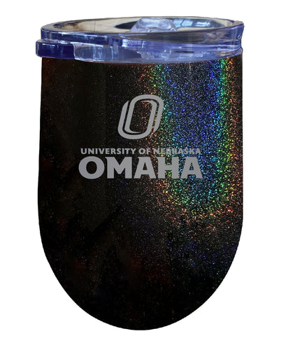 Nebraska at Omaha NCAA Laser-Etched Wine Tumbler - 12oz Rainbow Glitter Black Stainless Steel Insulated Cup