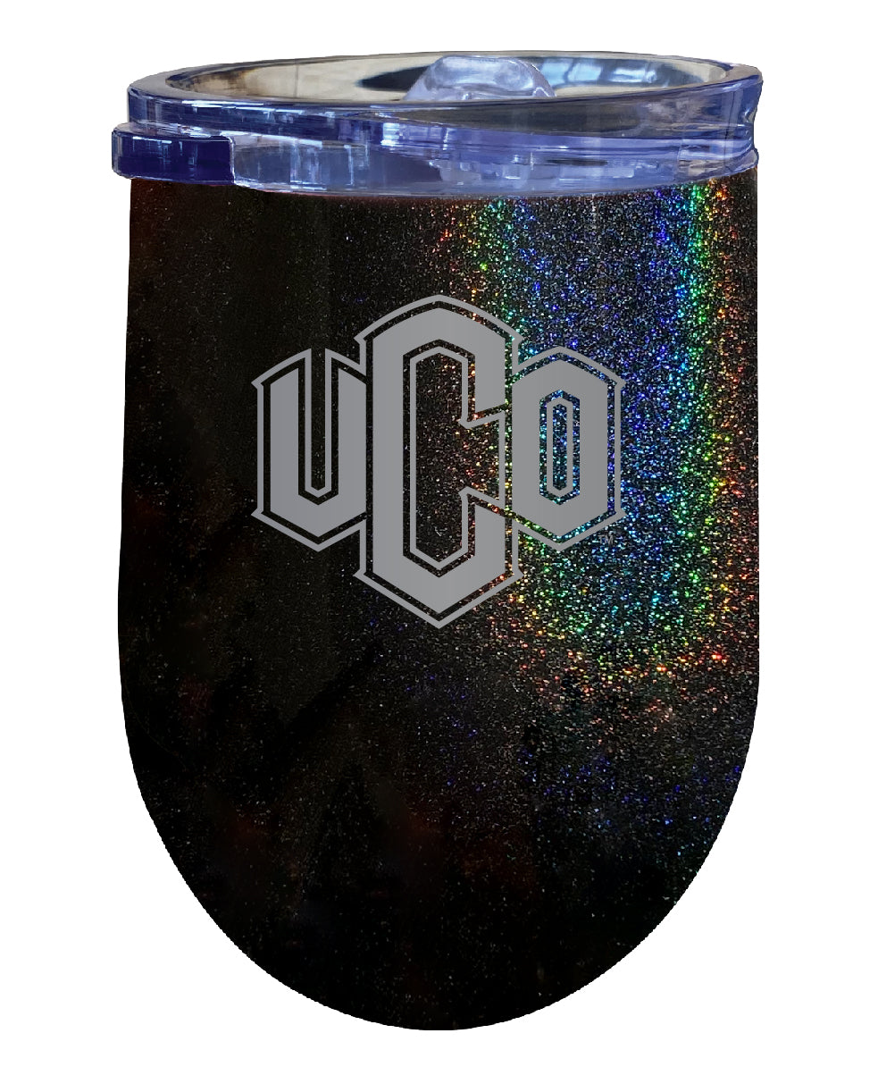 University of Central Oklahoma Bronchos 12 oz Laser Etched Insulated Wine Stainless Steel Tumbler Rainbow Glitter Black