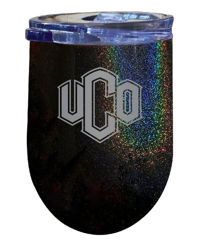 University of Central Oklahoma Bronchos NCAA Laser-Etched Wine Tumbler - 12oz Rainbow Glitter Black Stainless Steel Insulated Cup