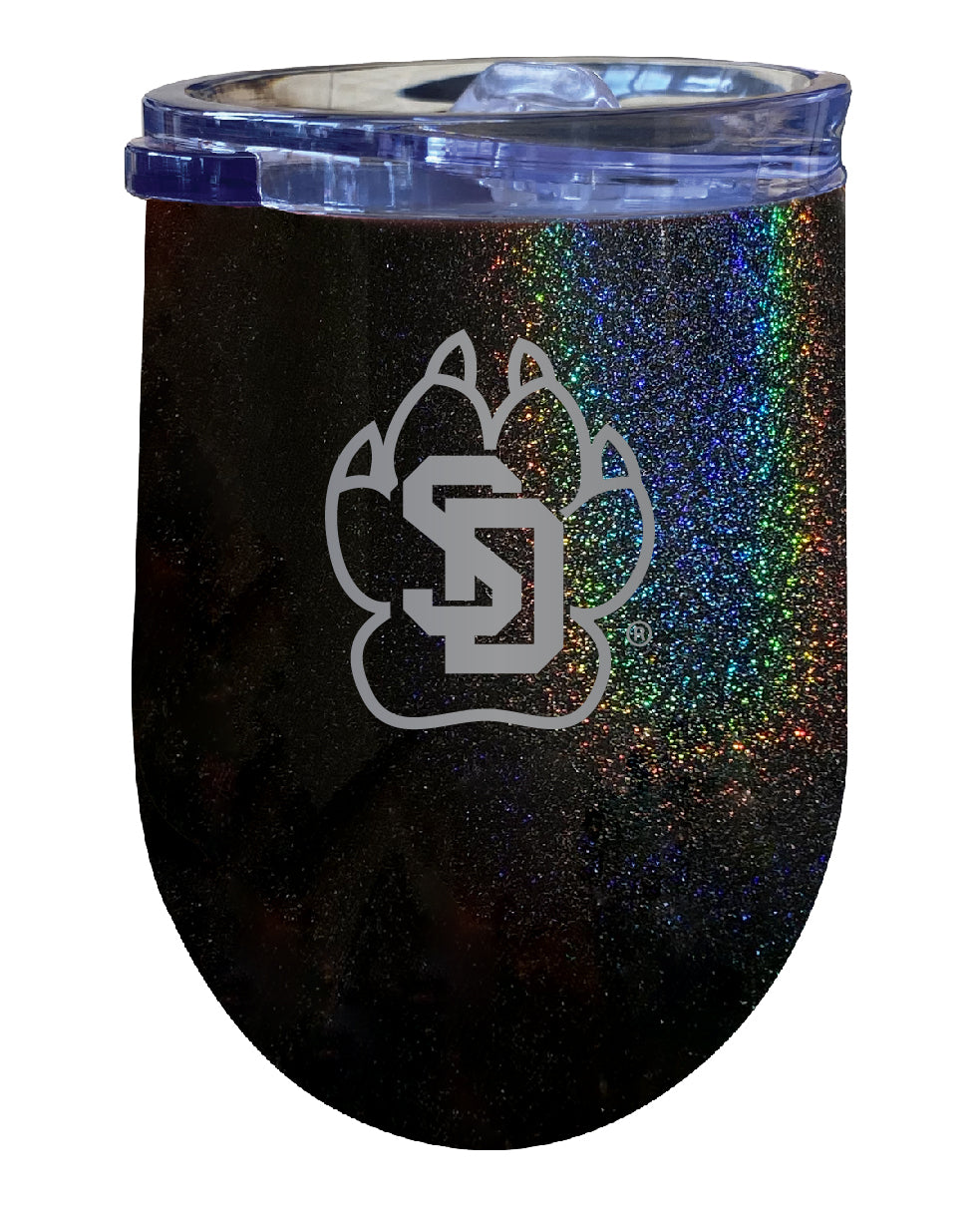 South Dakota Coyotes 12 oz Laser Etched Insulated Wine Stainless Steel Tumbler Rainbow Glitter Black