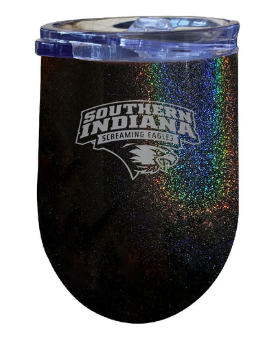 University of Southern Indiana NCAA Laser-Etched Wine Tumbler - 12oz Rainbow Glitter Black Stainless Steel Insulated Cup