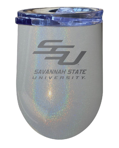Savannah State University NCAA Laser-Etched Wine Tumbler - 12oz Rainbow Glitter Black Stainless Steel Insulated Cup