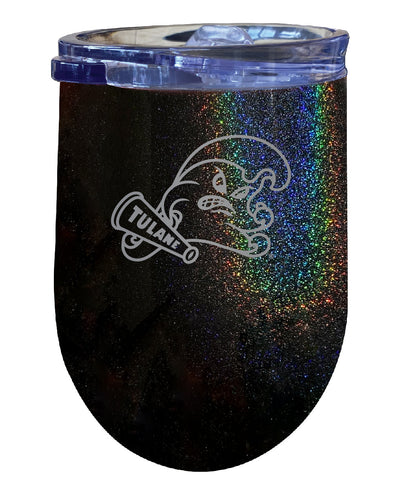 Tulane University Green Wave NCAA Laser-Etched Wine Tumbler - 12oz Rainbow Glitter Black Stainless Steel Insulated Cup