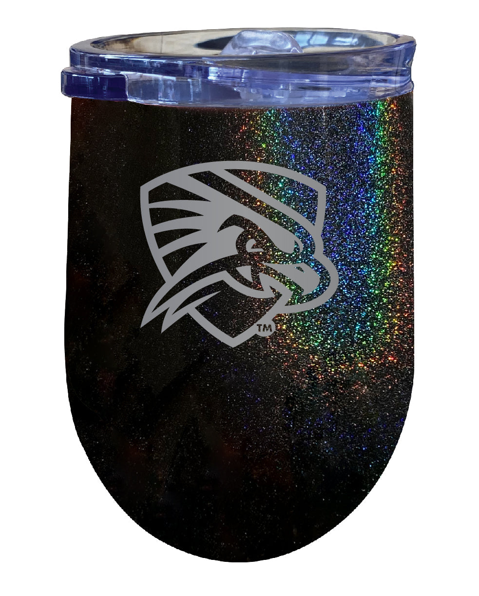 University of Texas of the Permian Basin NCAA Laser-Etched Wine Tumbler - 12oz Rainbow Glitter Black Stainless Steel Insulated Cup