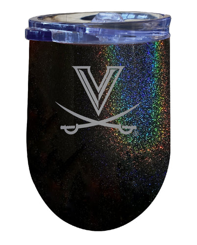 Virginia Cavaliers NCAA Laser-Etched Wine Tumbler - 12oz Rainbow Glitter Black Stainless Steel Insulated Cup
