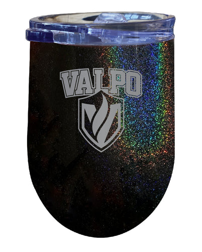 Valparaiso University NCAA Laser-Etched Wine Tumbler - 12oz Rainbow Glitter Black Stainless Steel Insulated Cup