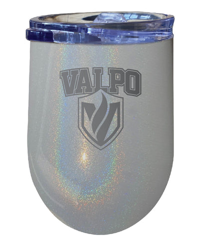 Valparaiso University NCAA Laser-Etched Wine Tumbler - 12oz Rainbow Glitter Gray Stainless Steel Insulated Cup
