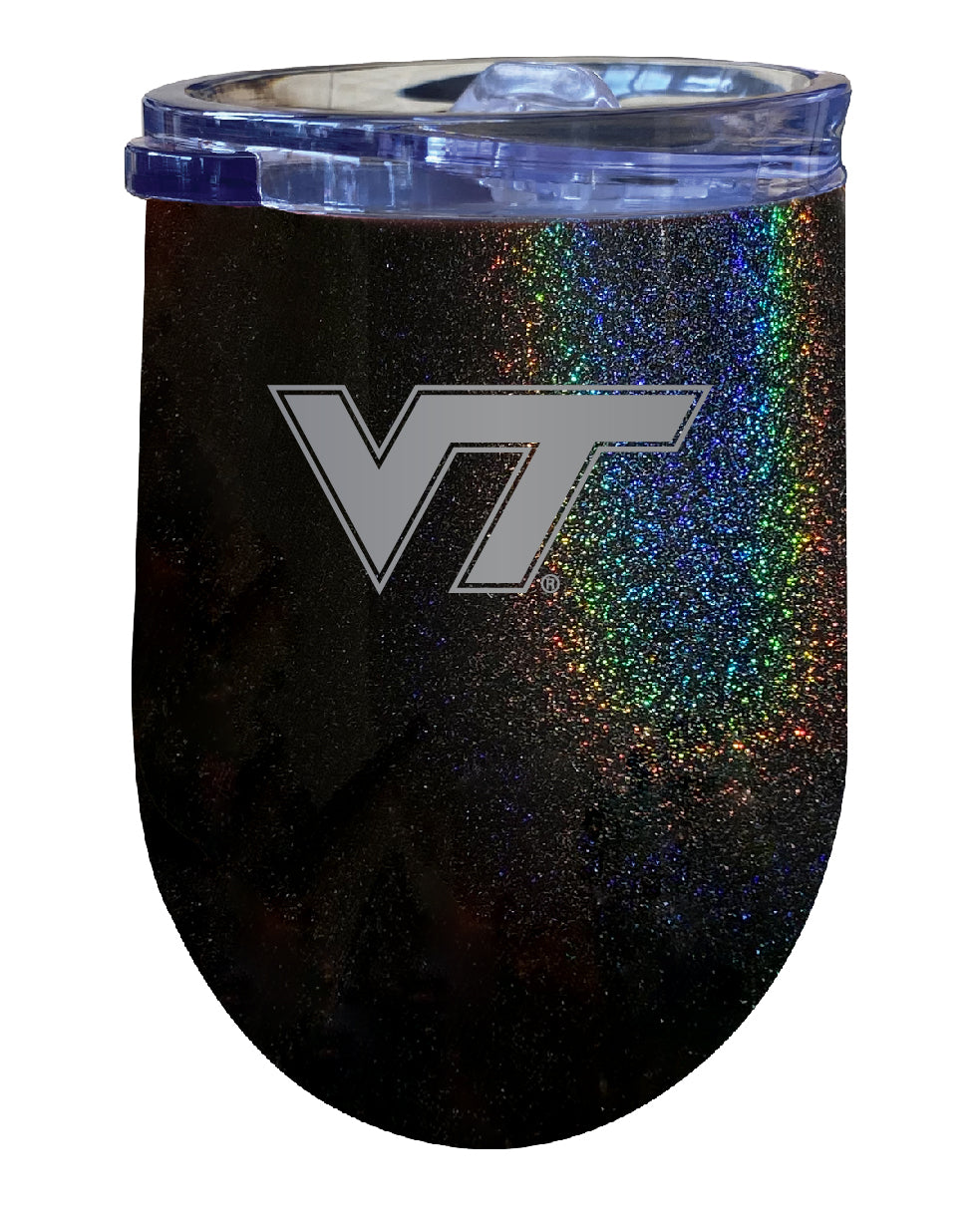 Virginia Tech Hokies 12 oz Laser Etched Insulated Wine Stainless Steel Tumbler Rainbow Glitter Black