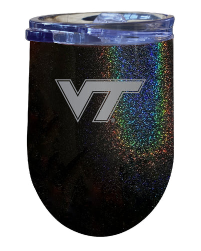 Virginia Tech Hokies NCAA Laser-Etched Wine Tumbler - 12oz Rainbow Glitter Black Stainless Steel Insulated Cup