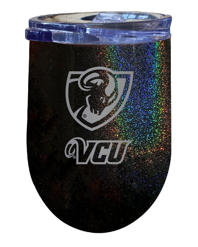 Virginia Commonwealth NCAA Laser-Etched Wine Tumbler - 12oz Rainbow Glitter Black Stainless Steel Insulated Cup