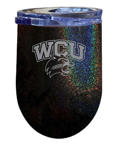 Western Carolina University NCAA Laser-Etched Wine Tumbler - 12oz Rainbow Glitter Black Stainless Steel Insulated Cup
