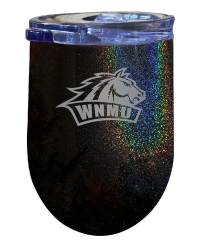 Western New Mexico University NCAA Laser-Etched Wine Tumbler - 12oz Rainbow Glitter Black Stainless Steel Insulated Cup