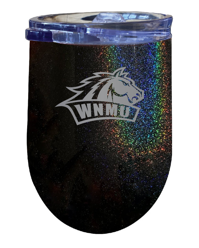 Western New Mexico University NCAA Laser-Etched Wine Tumbler - 12oz Rainbow Glitter Black Stainless Steel Insulated Cup
