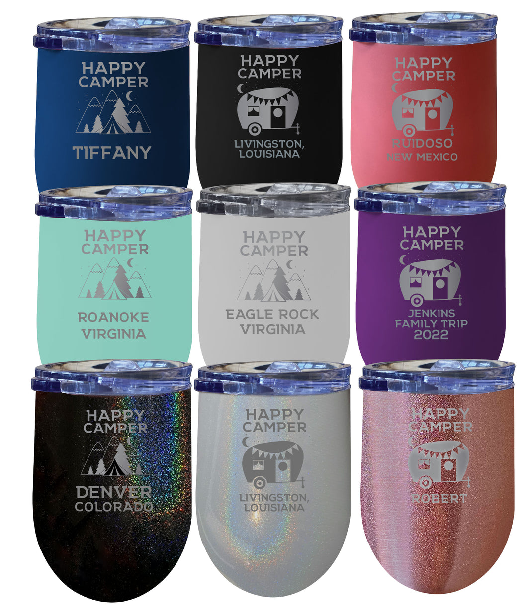 Personalized Custom Happy Camper Souvenir Camping Etched 12 oz Insulated Stainless Steel Wine Tumbler Choice of Color