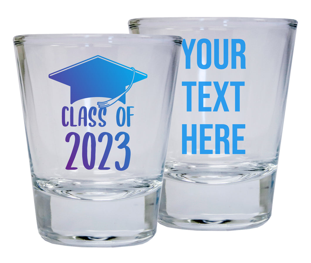 Customizable 2 Ounce Round Shot Glass Class of 2023 Grad Blue Gradient Design (Clear, 1)
