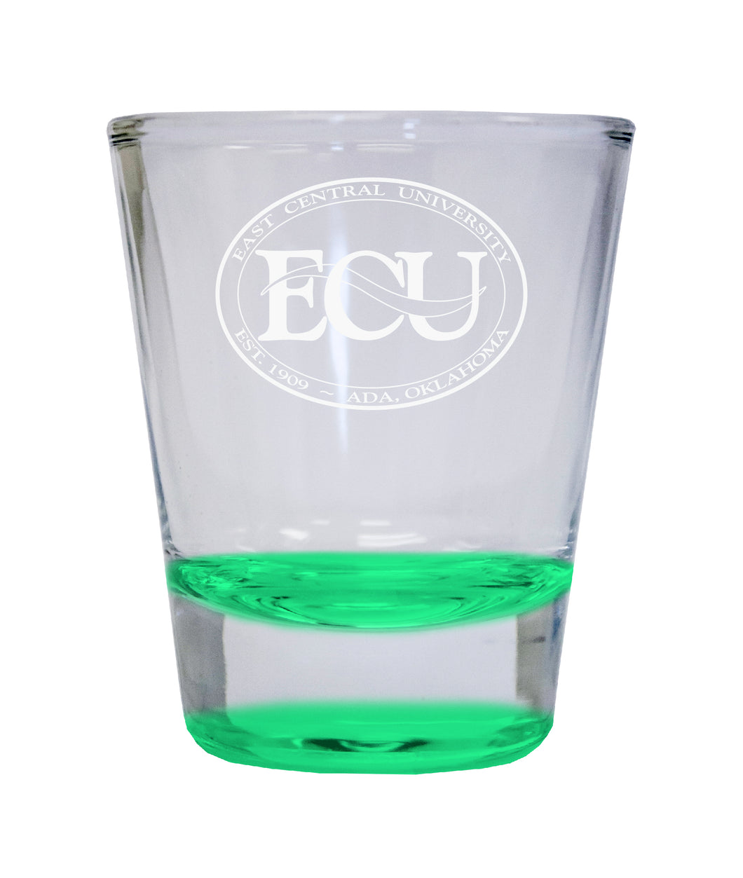 East Central University Tigers Etched Round Shot Glass 2 oz Green