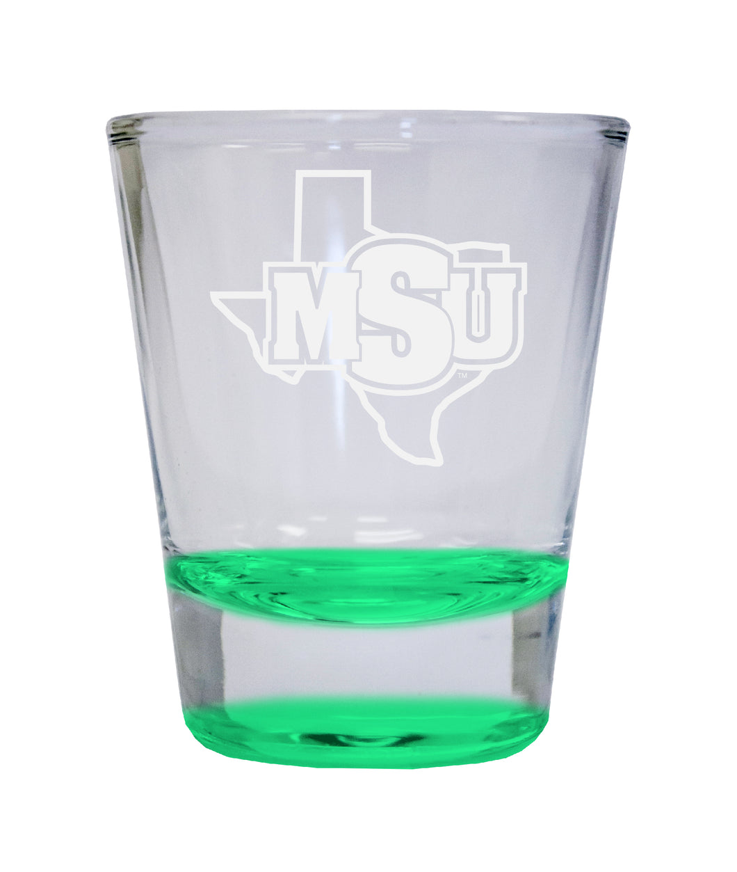 Midwestern State University Mustangs Etched Round Shot Glass 2 oz Green