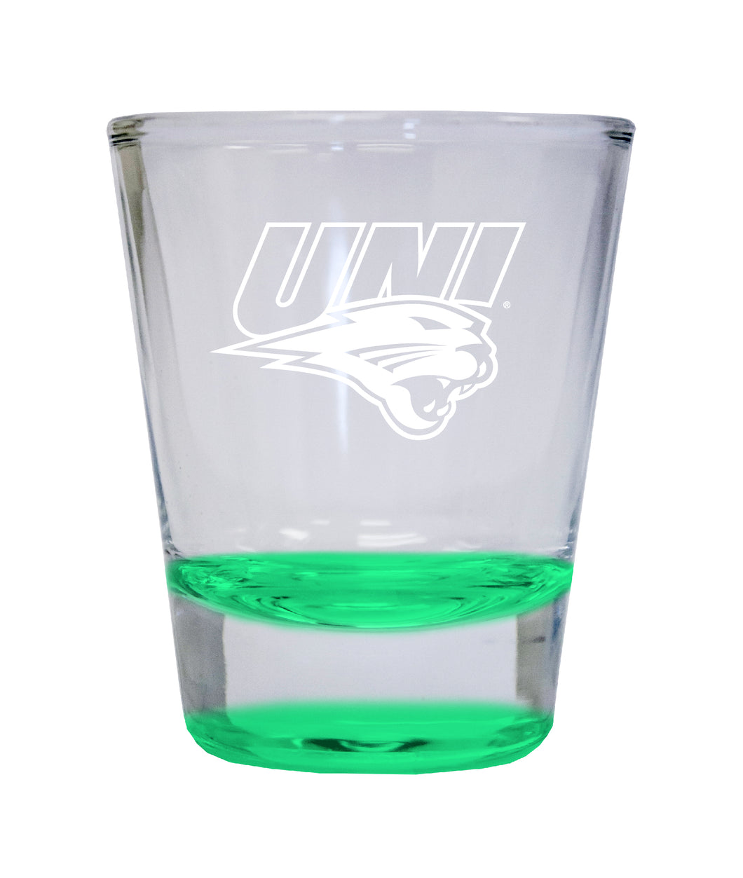Northern Iowa Panthers Etched Round Shot Glass 2 oz Green