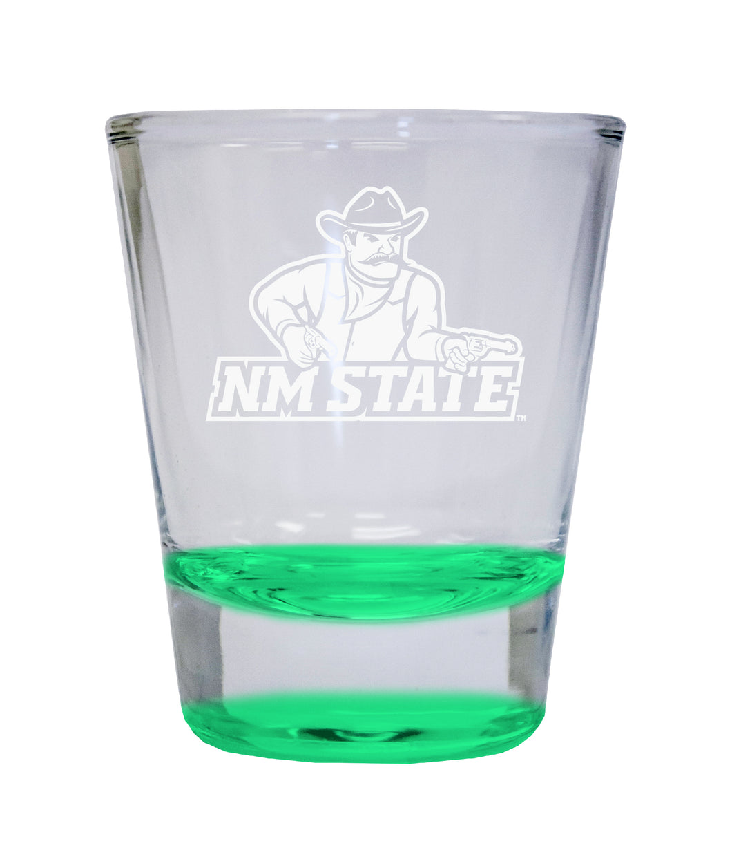 New Mexico State University Pistol Pete Etched Round Shot Glass 2 oz Green