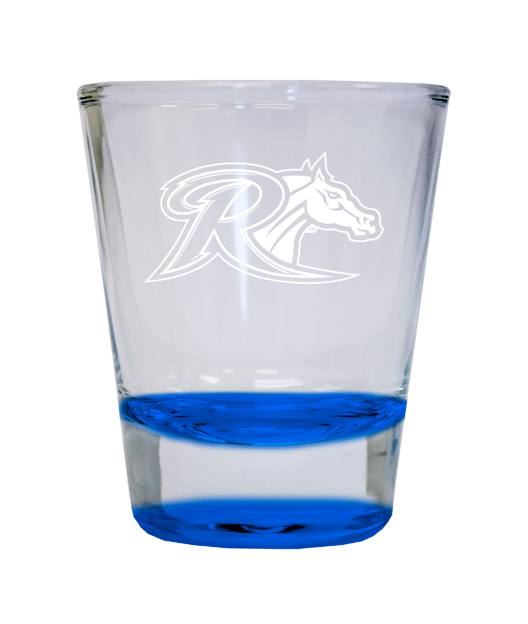 Rider University Broncs Etched Round Shot Glass 2 oz Blue