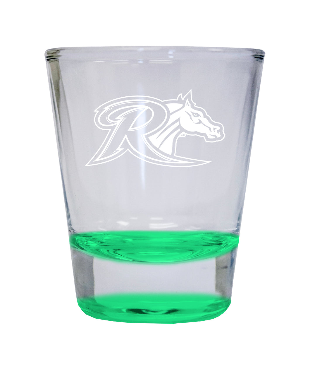 Rider University Broncs Etched Round Shot Glass 2 oz Green