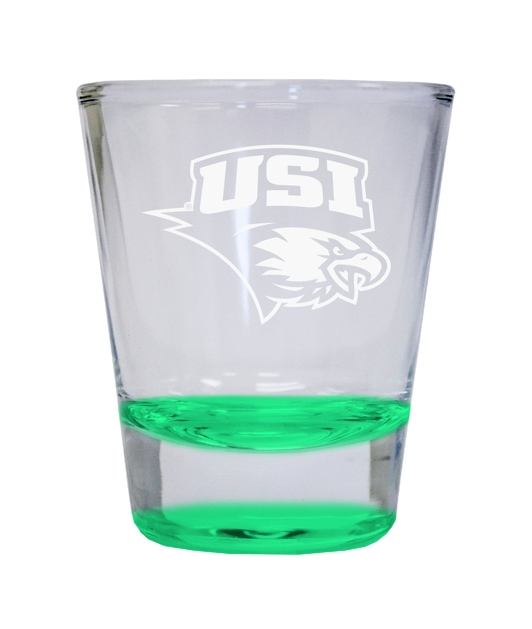 University of Southern Indiana Etched Round Shot Glass 2 oz Green