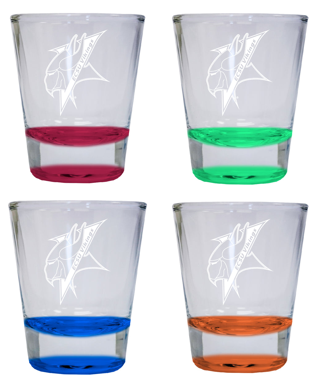 NCAA Elizabeth City State University Collector's 2oz Laser-Engraved Spirit Shot Glass Red, Orange, Blue and Green 4-Pack