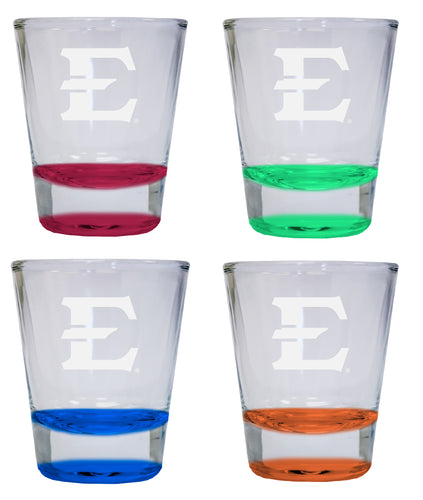 NCAA East Tennessee State University Collector's 2oz Laser-Engraved Spirit Shot Glass Red, Orange, Blue and Green 4-Pack