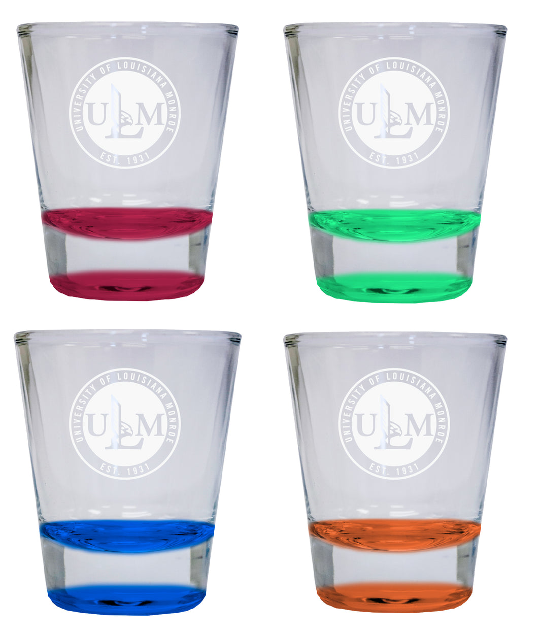 NCAA University of Louisiana Monroe Collector's 2oz Laser-Engraved Spirit Shot Glass Red, Orange, Blue and Green 4-Pack