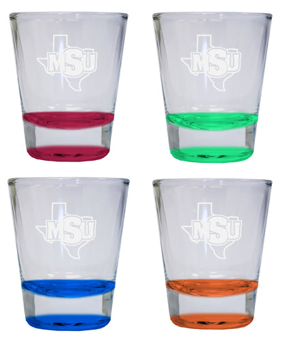 NCAA Midwestern State University Mustangs Collector's 2oz Laser-Engraved Spirit Shot Glass Red, Orange, Blue and Green 4-Pack