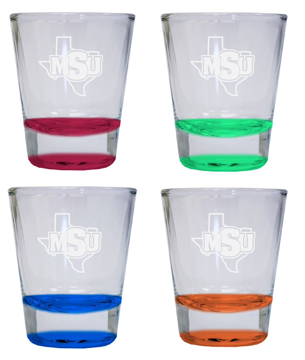 NCAA Midwestern State University Mustangs Collector's 2oz Laser-Engraved Spirit Shot Glass Red, Orange, Blue and Green 4-Pack