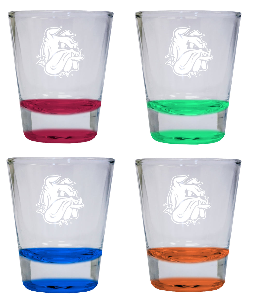 NCAA Minnesota Duluth Bulldogs Collector's 2oz Laser-Engraved Spirit Shot Glass Red, Orange, Blue and Green 4-Pack
