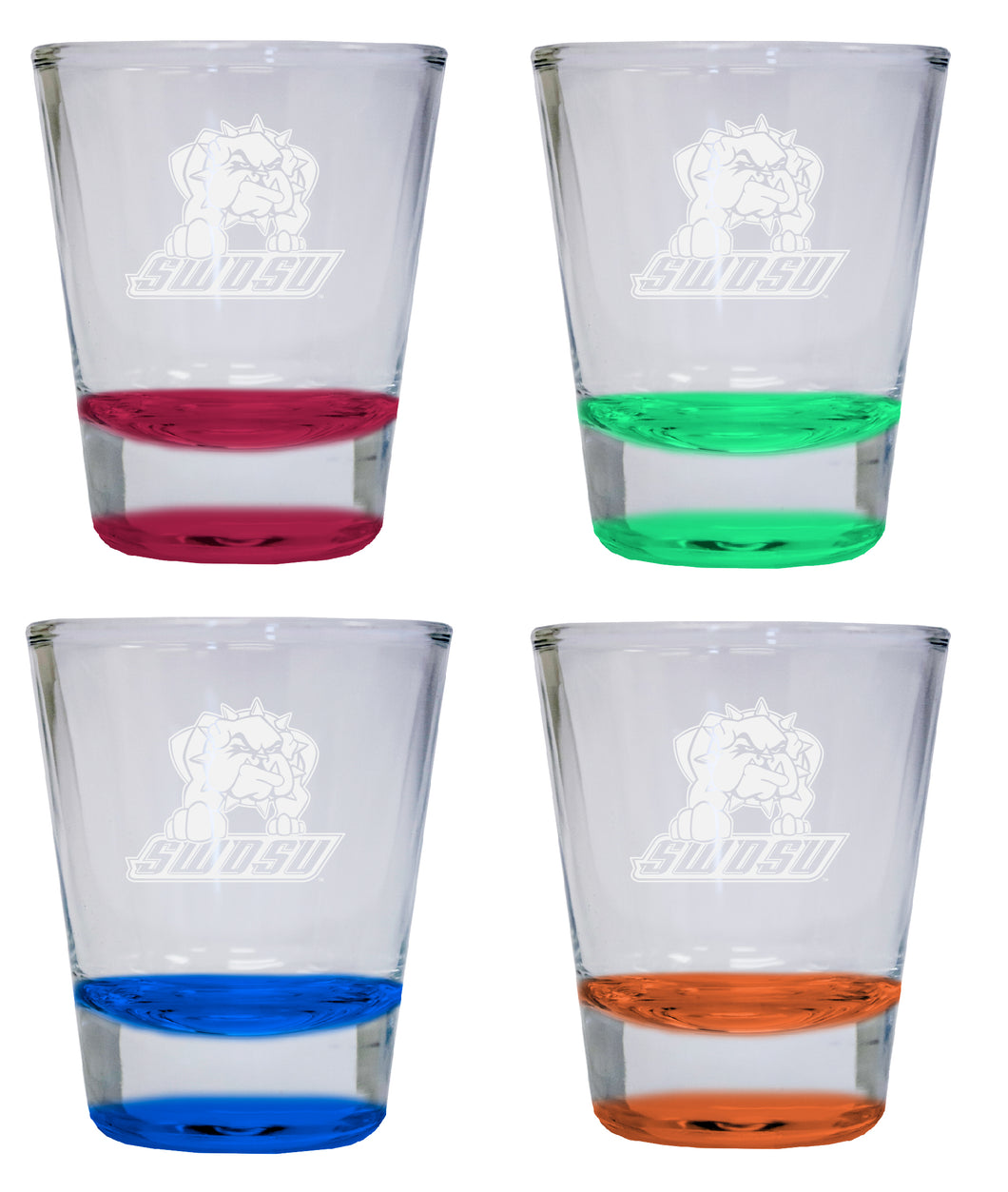 NCAA Southwestern Oklahoma State University Collector's 2oz Laser-Engraved Spirit Shot Glass Red, Orange, Blue and Green 4-Pack