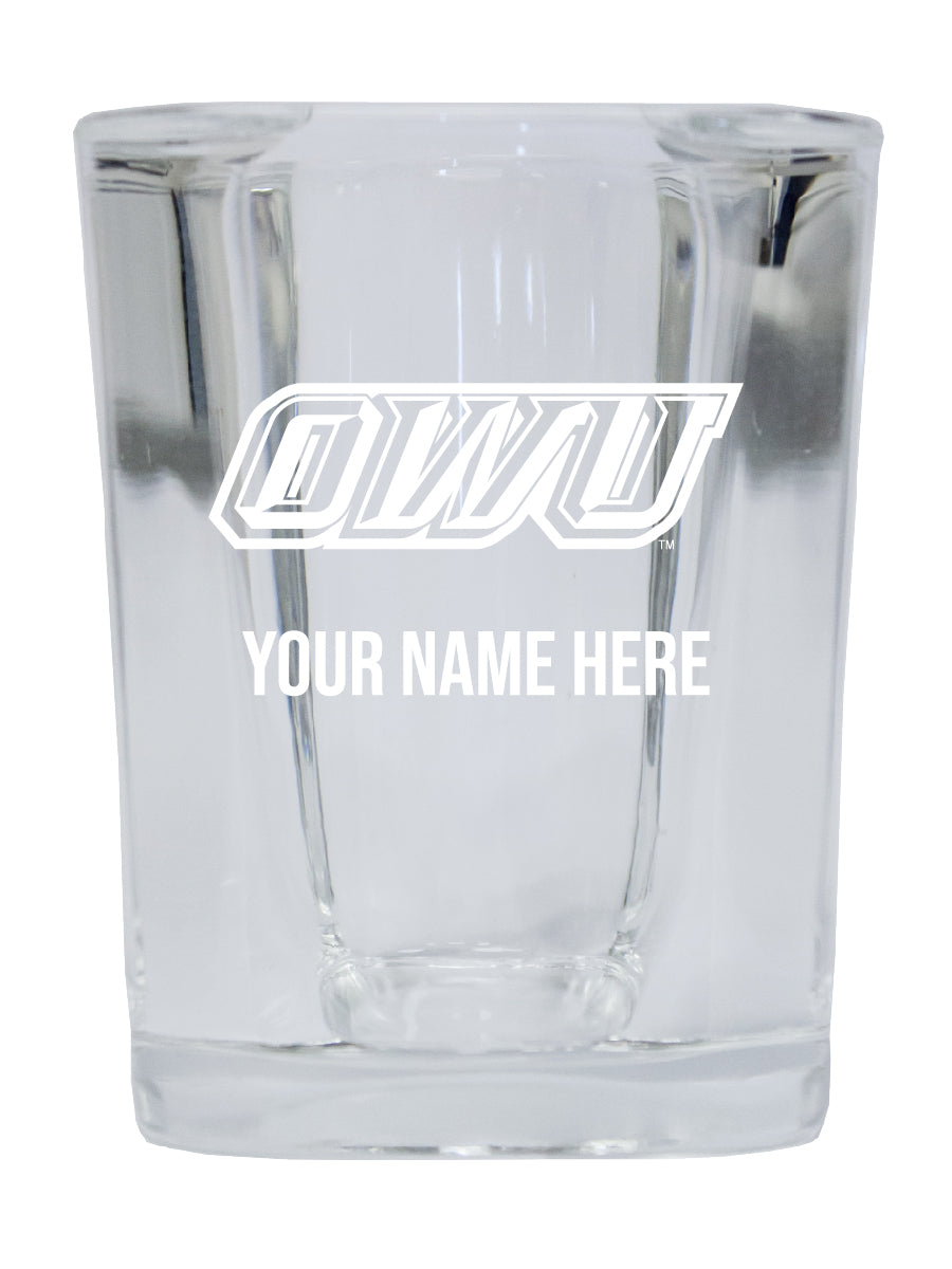 Personalized Ohio Wesleyan University Etched Square Shot Glass 2 oz With Custom Name
