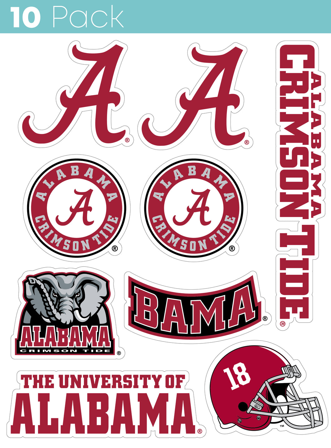 Alabama Crimson Tide 10-Pack, 4 inches in size on one of its sides NCAA Durable School Spirit Vinyl Decal Sticker