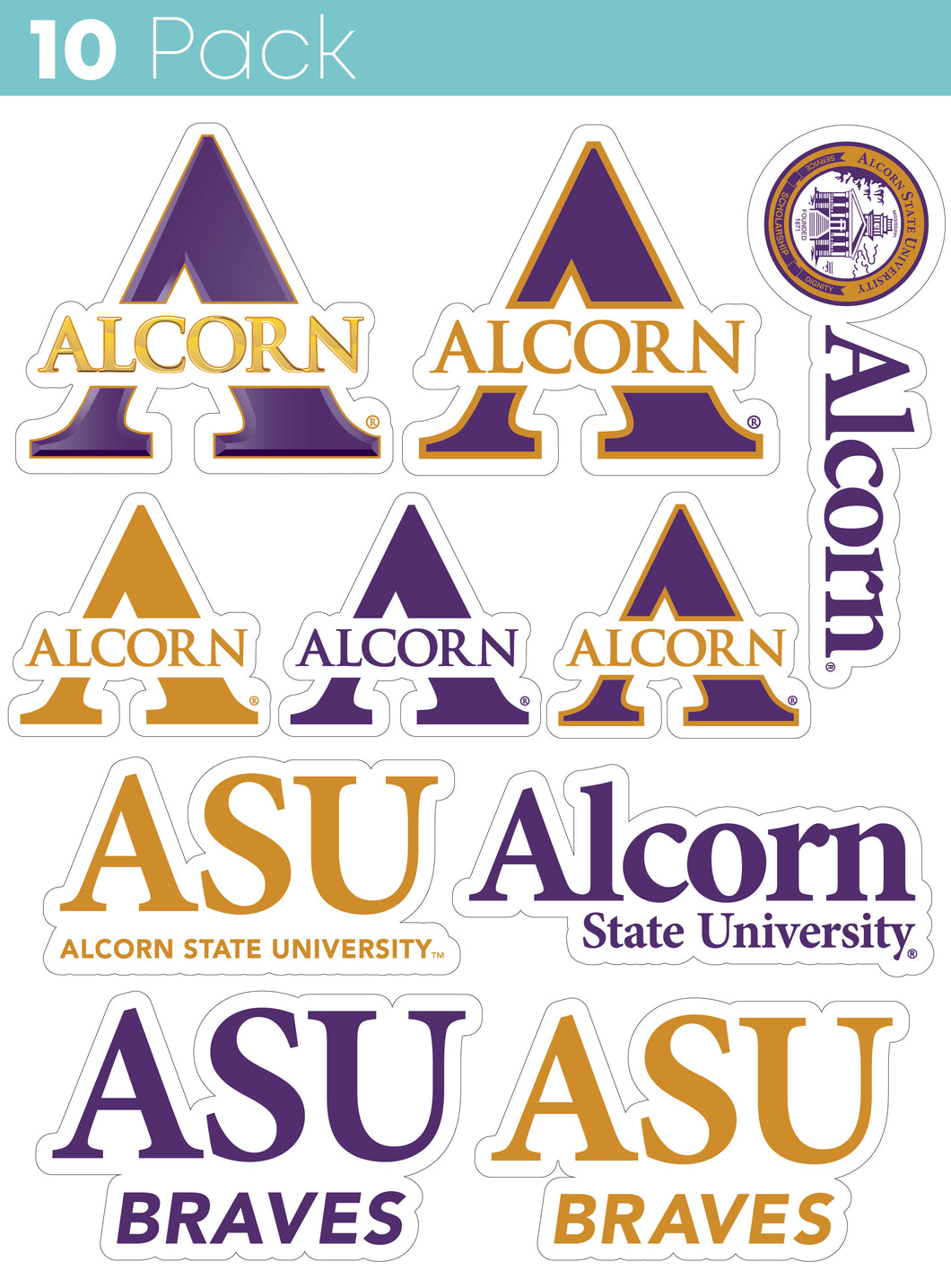Alcorn State Braves 10-Pack, 4 inches in size on one of its sides NCAA Durable School Spirit Vinyl Decal Sticker