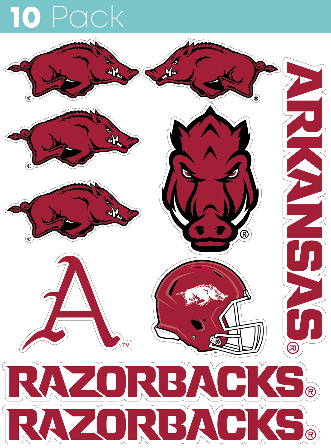 Arkansas Razorbacks 10-Pack, 4 inches in size on one of its sides NCAA Durable School Spirit Vinyl Decal Sticker