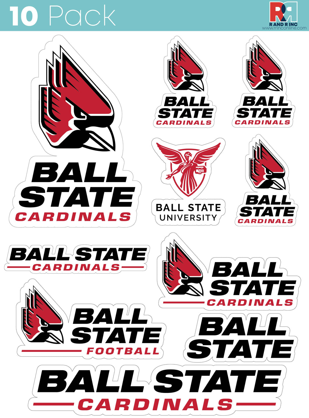 Ball State University 10-Pack, 4 inches in size on one of its sides NCAA Durable School Spirit Vinyl Decal Sticker
