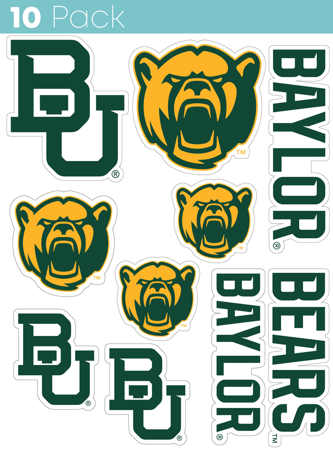 Baylor Bears 10-Pack, 4 inches in size on one of its sides NCAA Durable School Spirit Vinyl Decal Sticker